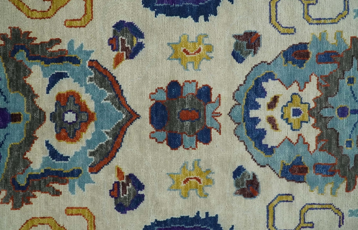 Hand Knotted Ivory, Charcoal and Blue Traditional Oushak Multi size Wool Area Rug.