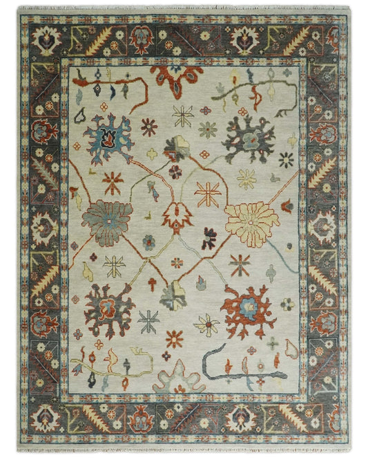 Hand Knotted Ivory and Charcoal Traditional Oriental Oushak Multi size Wool Area Rug.