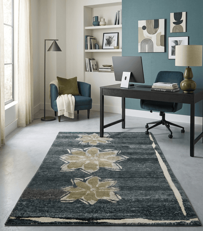 Hand Knotted 5x8 Charcoal and Olive Floral Design Recycled Silk Area Rug.