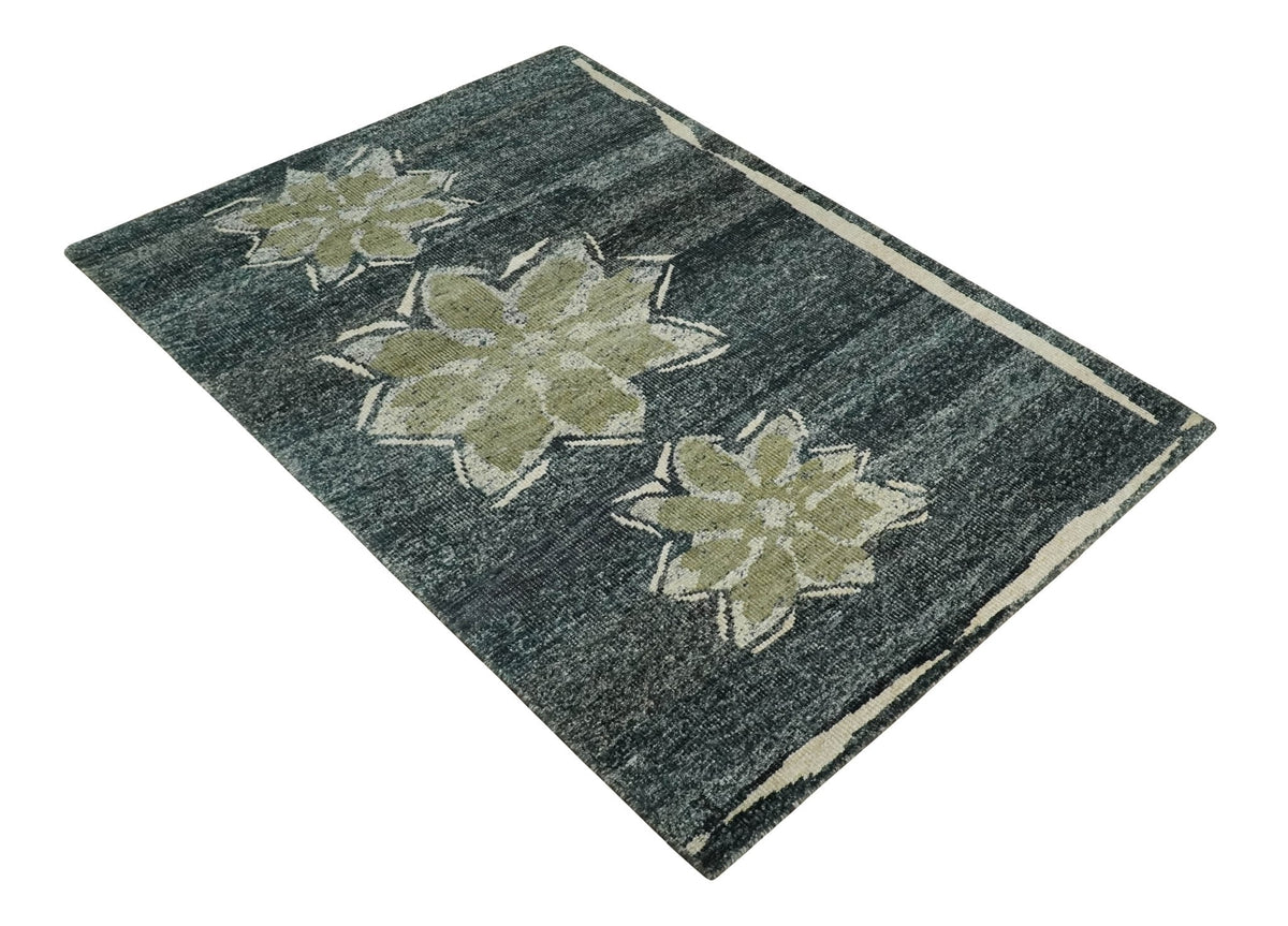 Hand Knotted 5x8 Charcoal and Olive Floral Design Recycled Silk Area Rug.