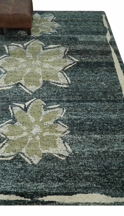 Hand Knotted 5x8 Charcoal and Olive Floral Design Recycled Silk Area Rug.