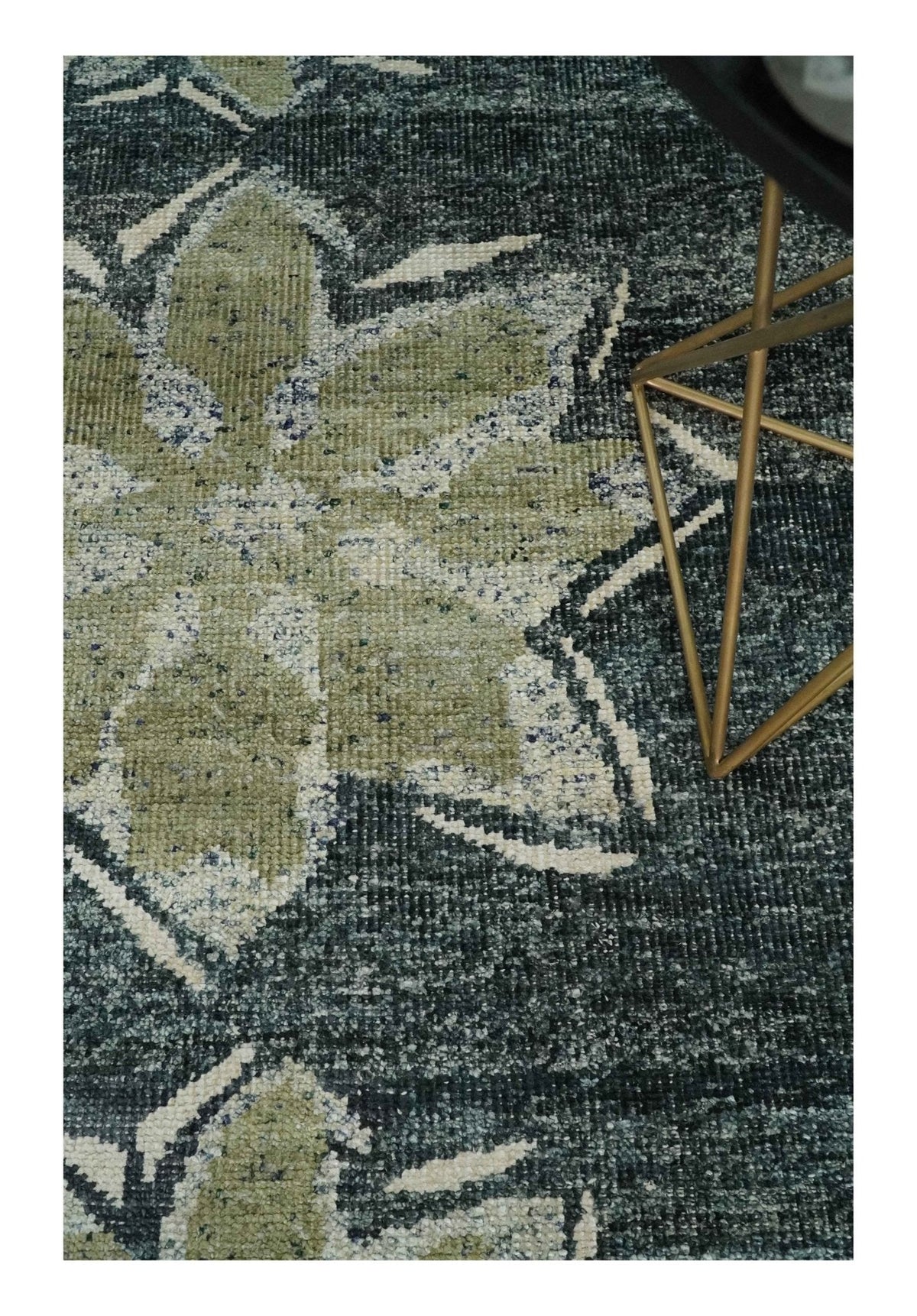 Hand Knotted 5x8 Charcoal and Olive Floral Design Recycled Silk Area Rug.