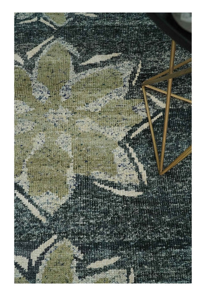 Hand Knotted 5x8 Charcoal and Olive Floral Design Recycled Silk Area Rug.