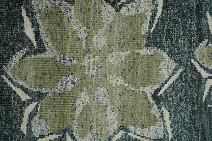 Hand Knotted 5x8 Charcoal and Olive Floral Design Recycled Silk Area Rug.