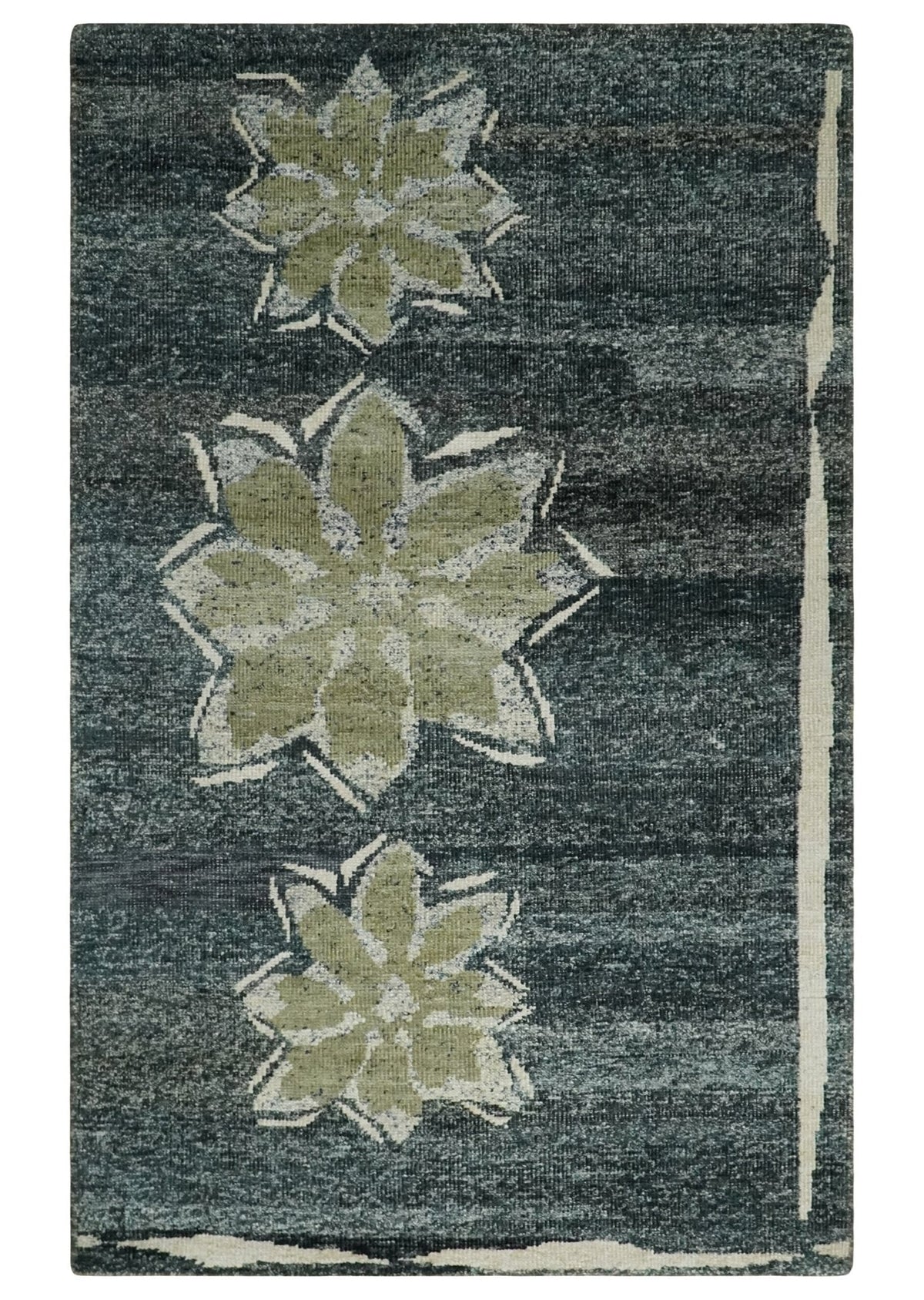 Hand Knotted 5x8 Charcoal and Olive Floral Design Recycled Silk Area Rug.