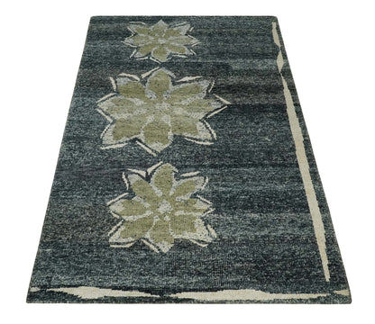 Hand Knotted 5x8 Charcoal and Olive Floral Design Recycled Silk Area Rug.