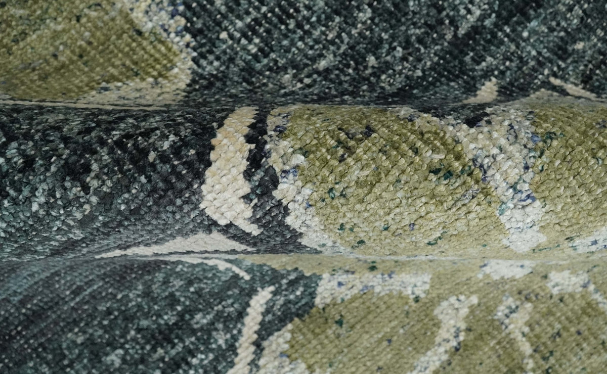 Hand Knotted 5x8 Charcoal and Olive Floral Design Recycled Silk Area Rug.