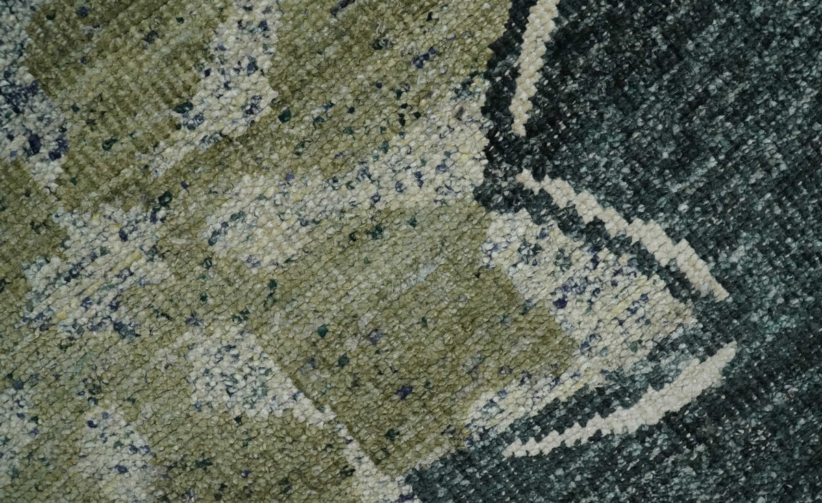 Hand Knotted 5x8 Charcoal and Olive Floral Design Recycled Silk Area Rug.