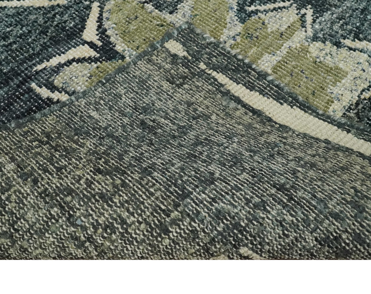Hand Knotted 5x8 Charcoal and Olive Floral Design Recycled Silk Area Rug.
