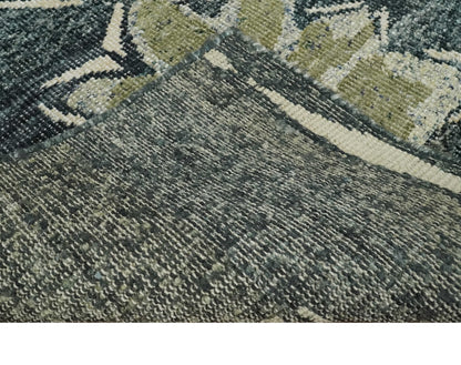 Hand Knotted 5x8 Charcoal and Olive Floral Design Recycled Silk Area Rug.