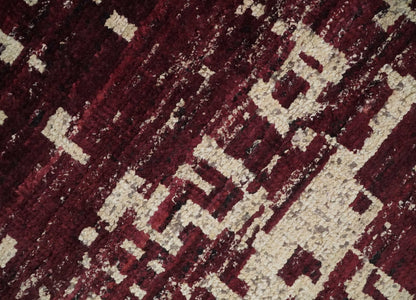 Hand Knotted 5x8 Maroon and Beige Modern Abstract Contemporary Recycled Silk Area Rug.