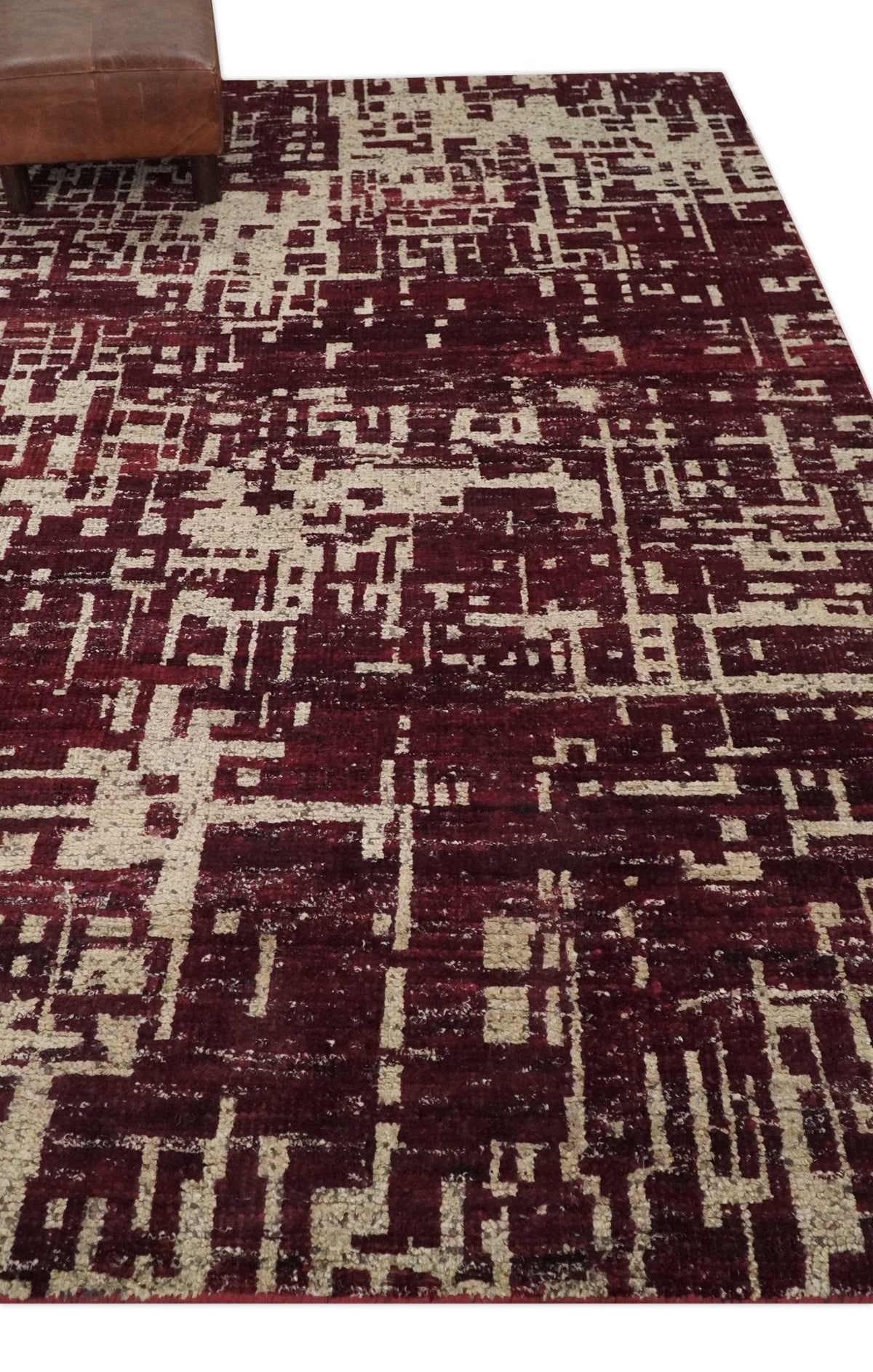 Hand Knotted 5x8 Maroon and Beige Modern Abstract Contemporary Recycled Silk Area Rug.