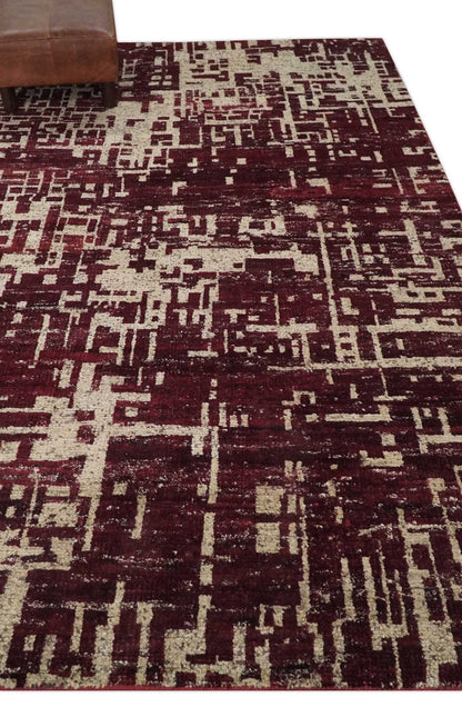 Hand Knotted 5x8 Maroon and Beige Modern Abstract Contemporary Recycled Silk Area Rug.
