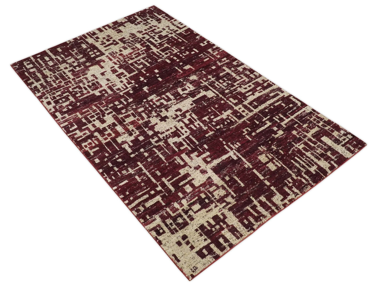 Hand Knotted 5x8 Maroon and Beige Modern Abstract Contemporary Recycled Silk Area Rug.