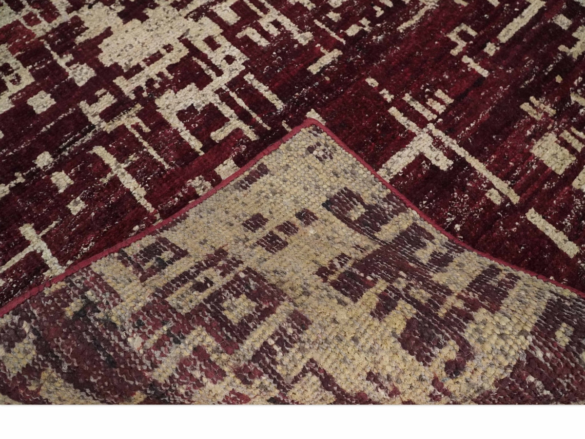Hand Knotted 5x8 Maroon and Beige Modern Abstract Contemporary Recycled Silk Area Rug.