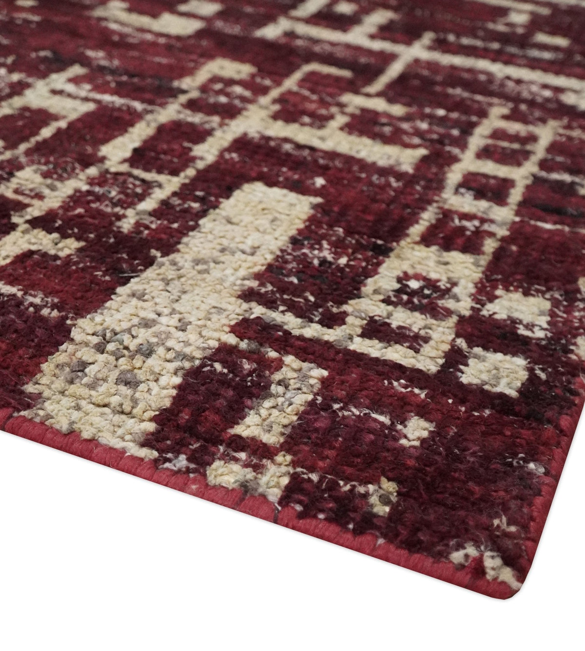 Hand Knotted 5x8 Maroon and Beige Modern Abstract Contemporary Recycled Silk Area Rug.