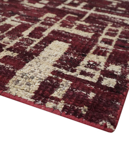 Hand Knotted 5x8 Maroon and Beige Modern Abstract Contemporary Recycled Silk Area Rug.