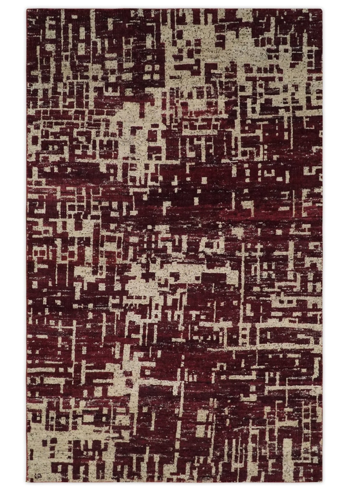 Hand Knotted 5x8 Maroon and Beige Modern Abstract Contemporary Recycled Silk Area Rug.