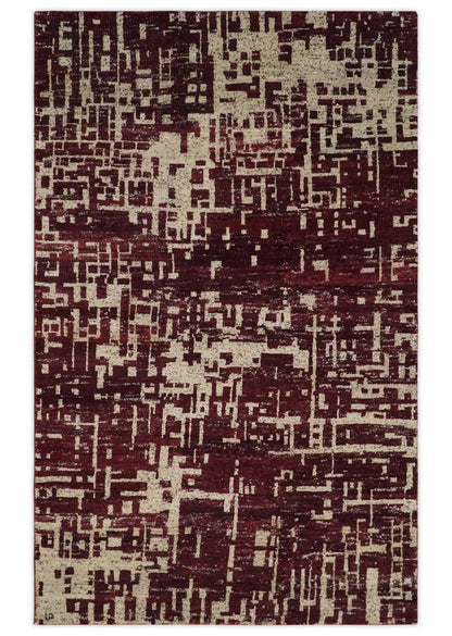Hand Knotted 5x8 Maroon and Beige Modern Abstract Contemporary Recycled Silk Area Rug.