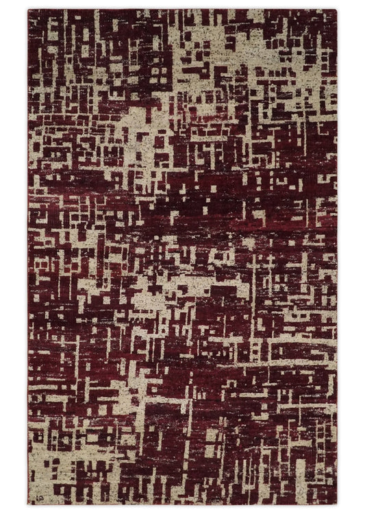 Hand Knotted 5x8 Maroon and Beige Modern Abstract Contemporary Recycled Silk Area Rug.