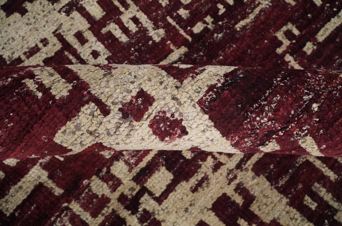 Hand Knotted 5x8 Maroon and Beige Modern Abstract Contemporary Recycled Silk Area Rug.