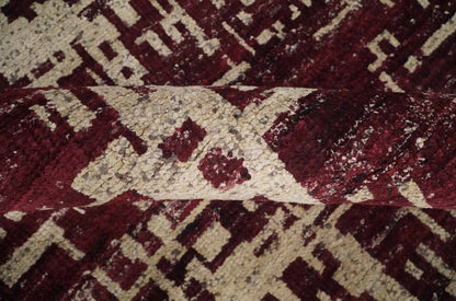 Hand Knotted 5x8 Maroon and Beige Modern Abstract Contemporary Recycled Silk Area Rug.