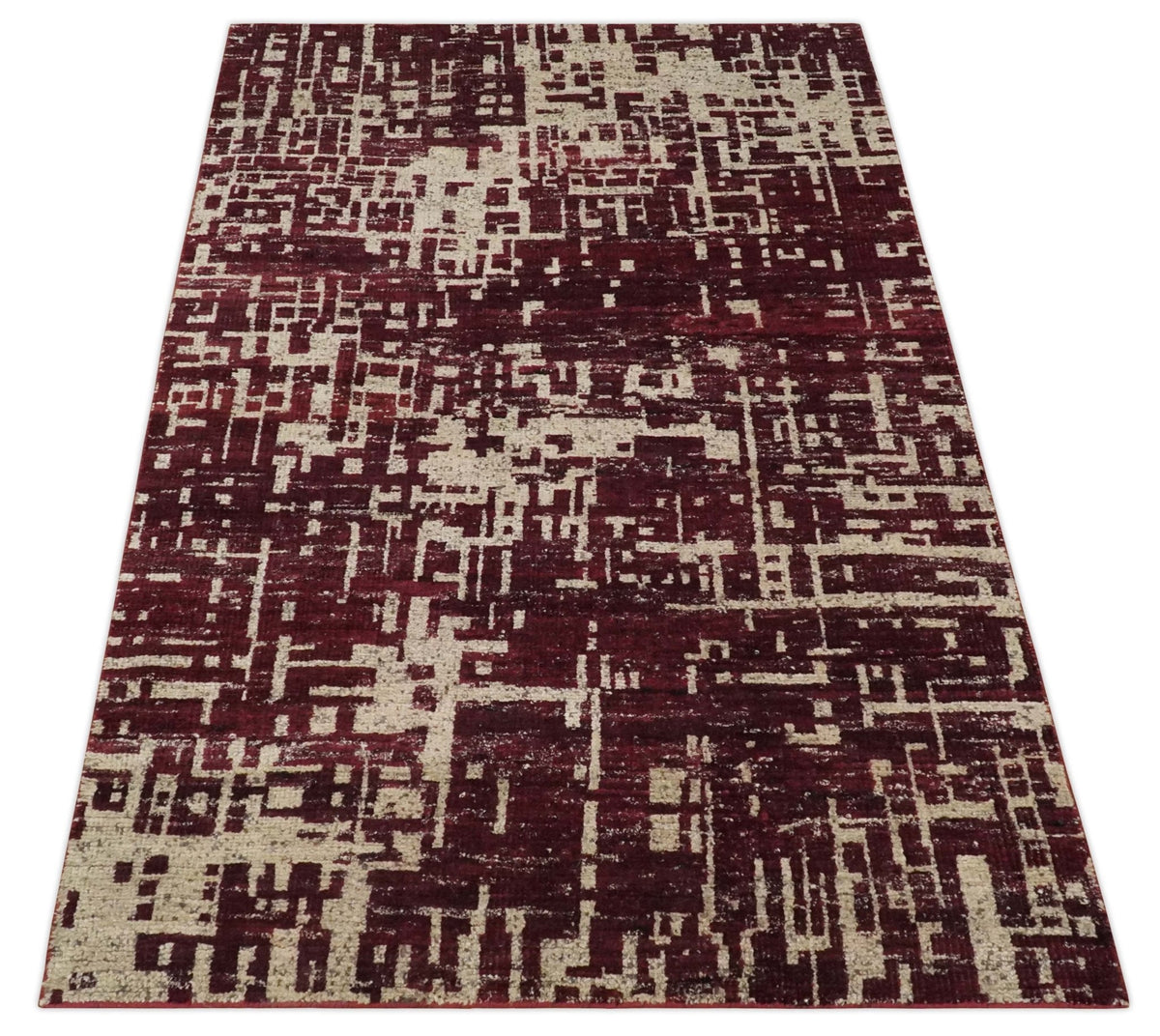 Hand Knotted 5x8 Maroon and Beige Modern Abstract Contemporary Recycled Silk Area Rug.
