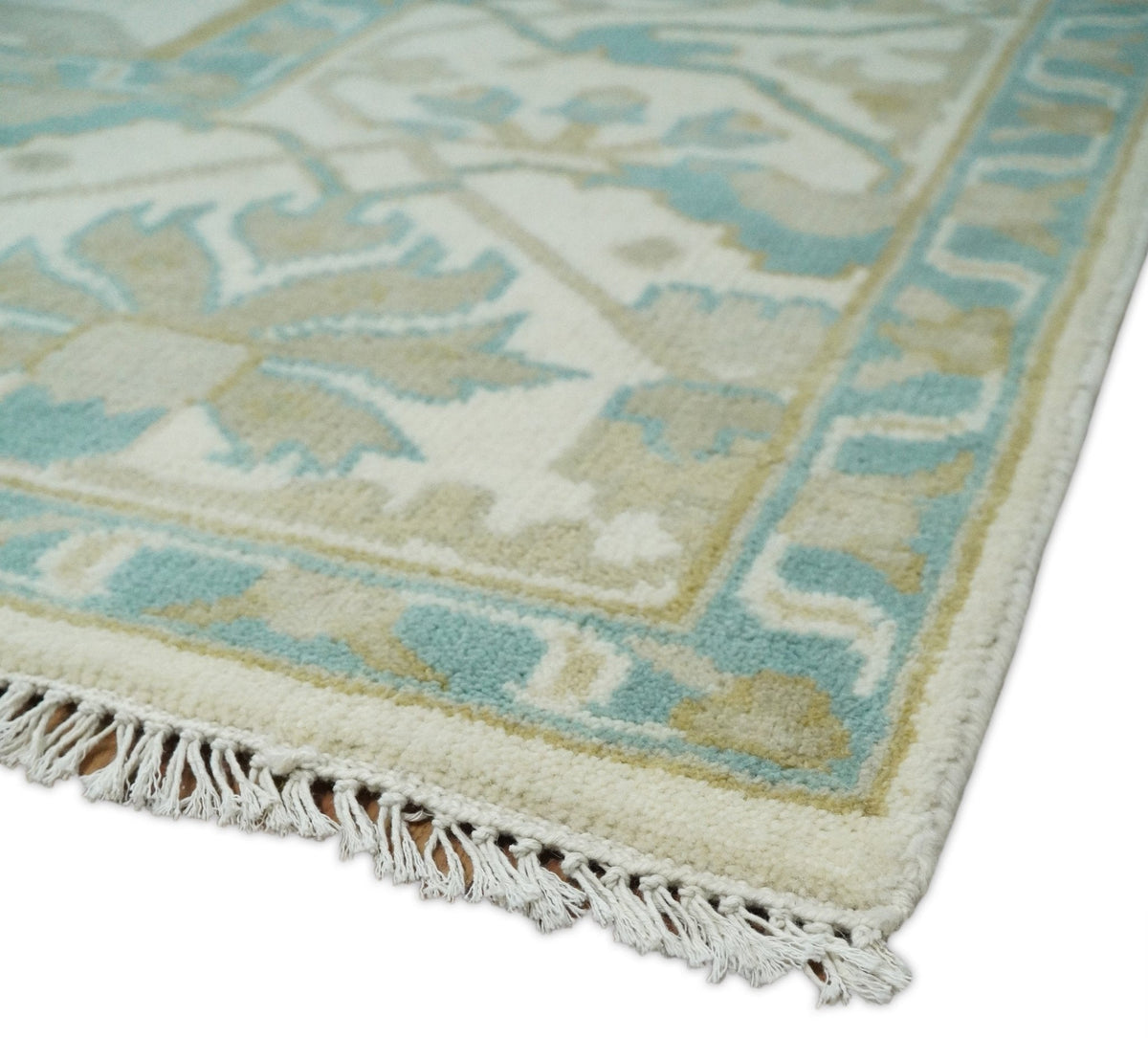 Custom Made Hand Knotted Oriental Oushak Ivory and Blue Wool Area Rug.