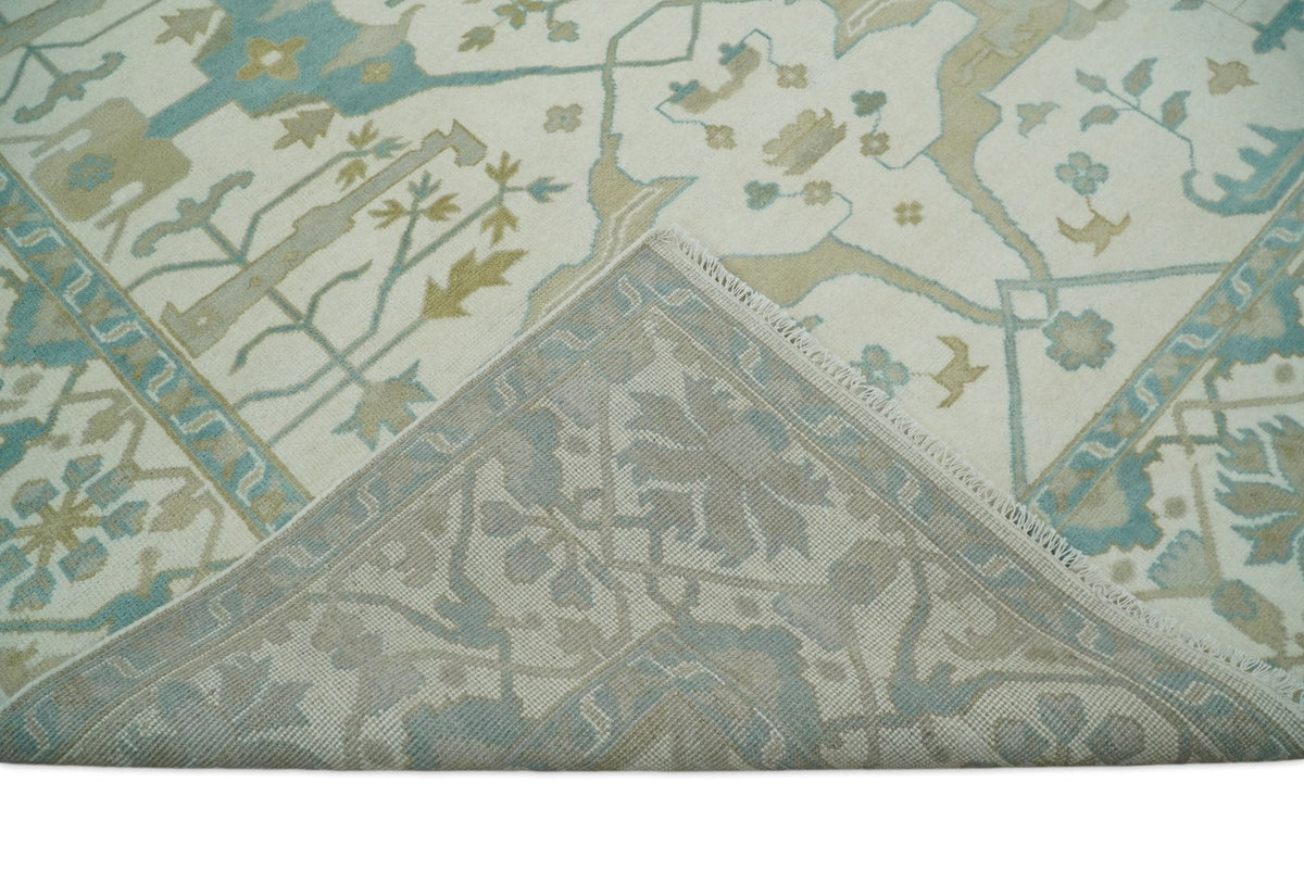 Custom Made Hand Knotted Oriental Oushak Ivory and Blue Wool Area Rug.