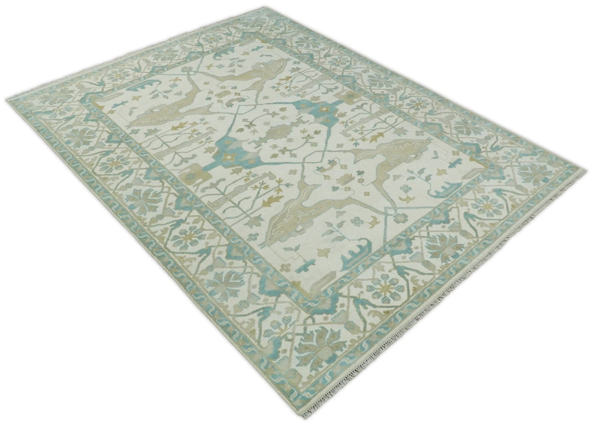 Custom Made Hand Knotted Oriental Oushak Ivory and Blue Wool Area Rug.