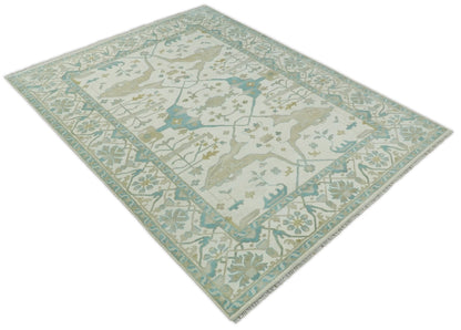 Custom Made Hand Knotted Oriental Oushak Ivory and Blue Wool Area Rug.