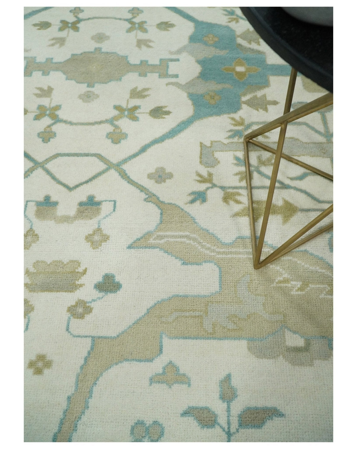 Custom Made Hand Knotted Oriental Oushak Ivory and Blue Wool Area Rug.