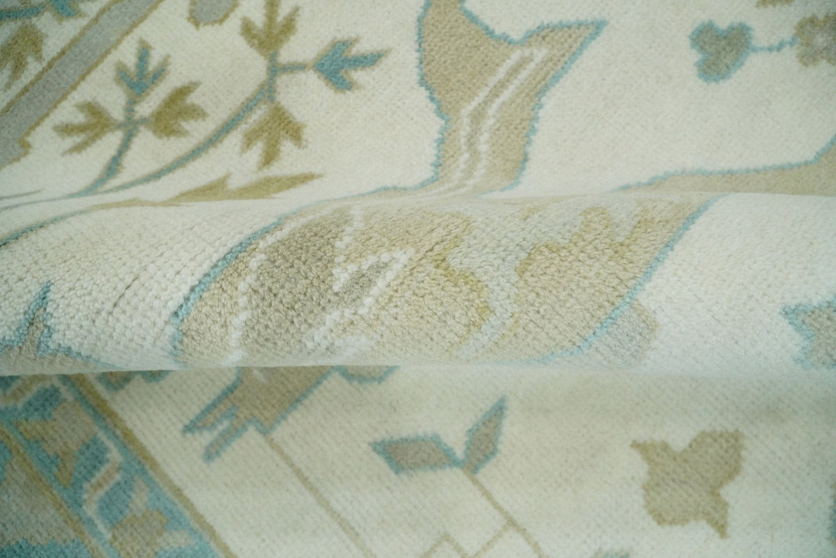 Custom Made Hand Knotted Oriental Oushak Ivory and Blue Wool Area Rug.