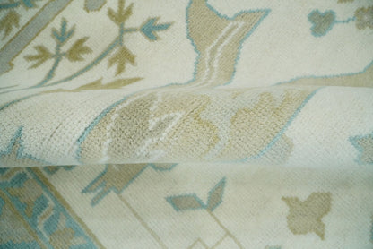 Custom Made Hand Knotted Oriental Oushak Ivory and Blue Wool Area Rug.
