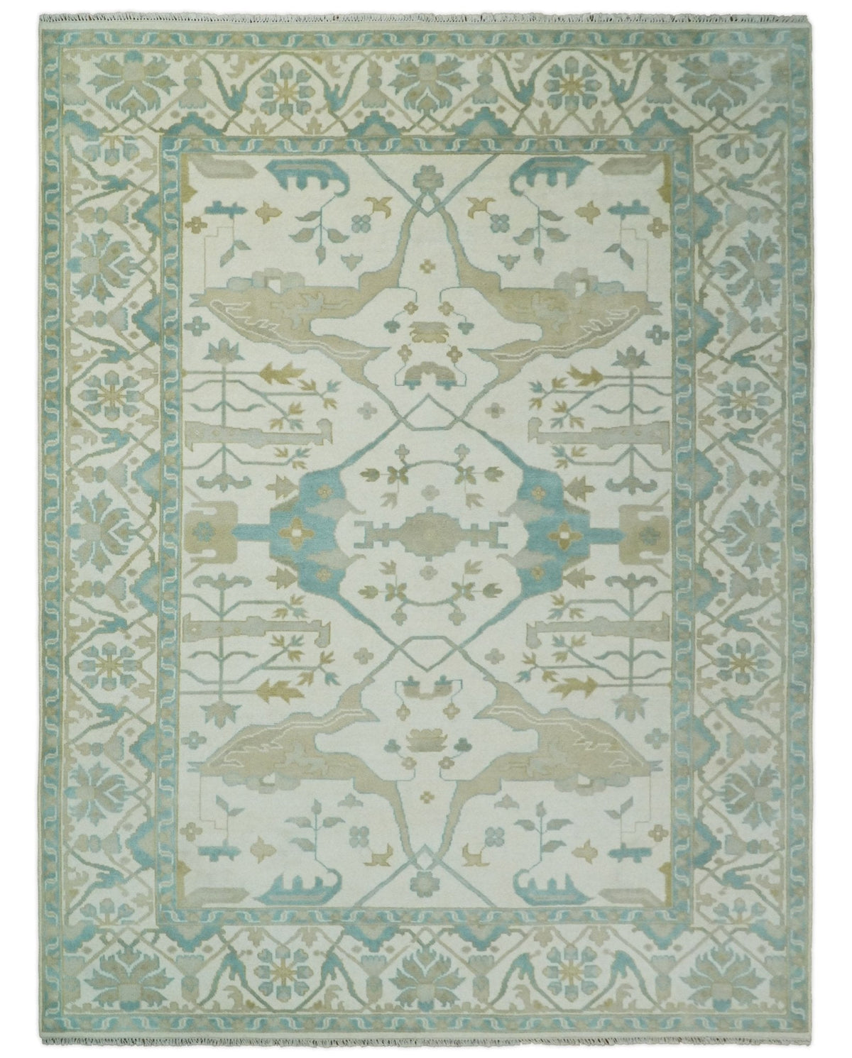 Custom Made Hand Knotted Oriental Oushak Ivory and Blue Wool Area Rug.