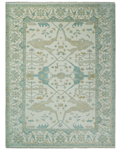 Custom Made Hand Knotted Oriental Oushak Ivory and Blue Wool Area Rug.