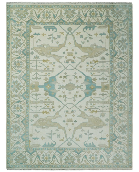 Custom Made Hand Knotted Oriental Oushak Ivory and Blue Wool Area Rug.