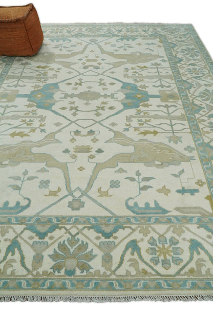 Custom Made Hand Knotted Oriental Oushak Ivory and Blue Wool Area Rug.