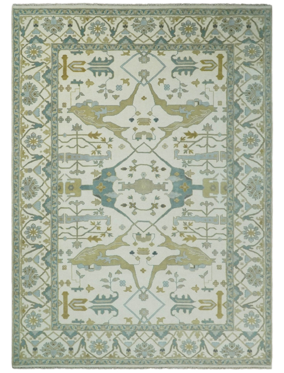 Custom Made Hand Knotted Oriental Oushak Ivory and Blue Wool Area Rug.