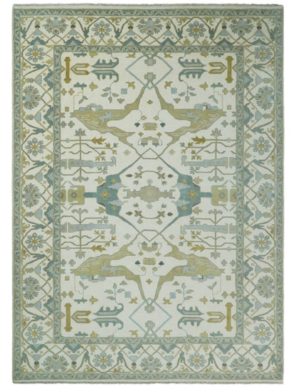 Custom Made Hand Knotted Oriental Oushak Ivory and Blue Wool Area Rug.