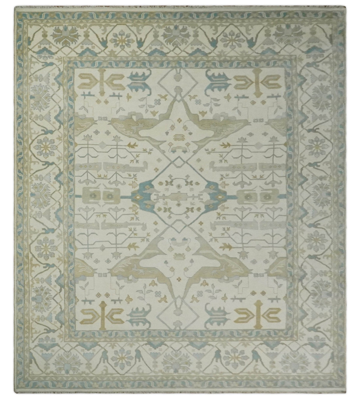 Custom Made Hand Knotted Oriental Oushak Ivory and Blue Wool Area Rug.