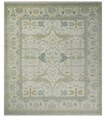 Custom Made Hand Knotted Oriental Oushak Ivory and Blue Wool Area Rug.