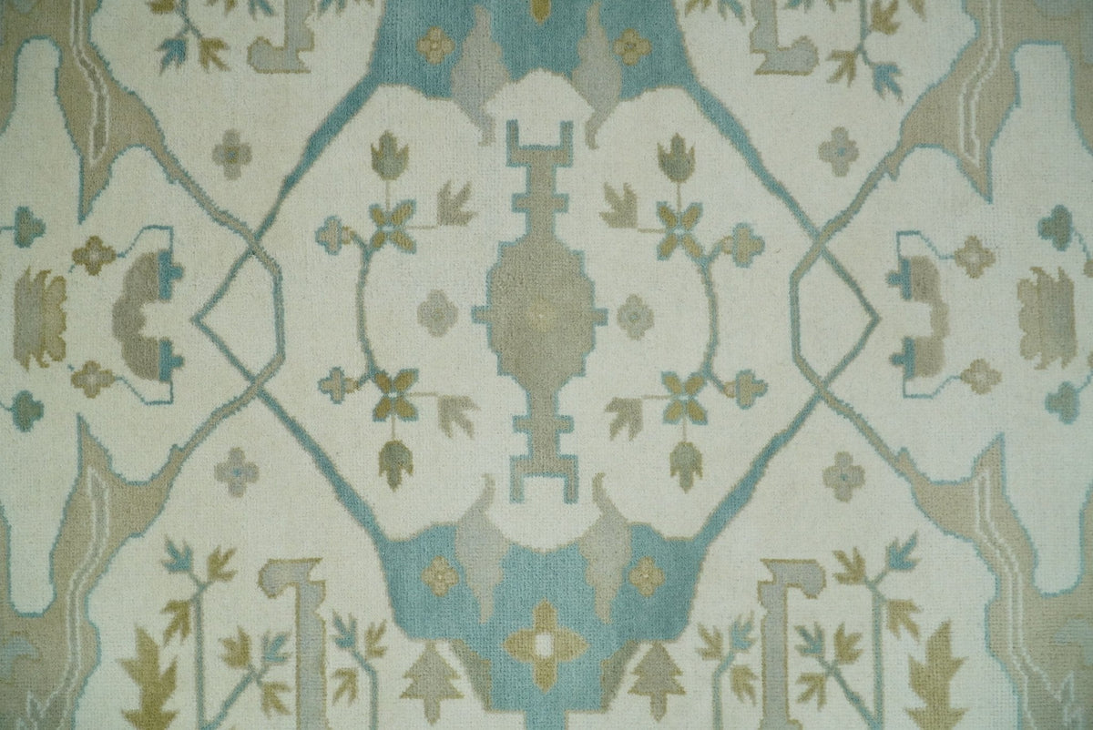 Custom Made Hand Knotted Oriental Oushak Ivory and Blue Wool Area Rug.