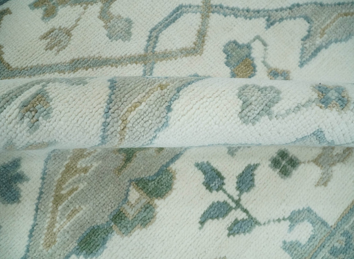 Custom Made Hand Knotted Oriental Oushak Ivory and Teal Wool Area Rug.