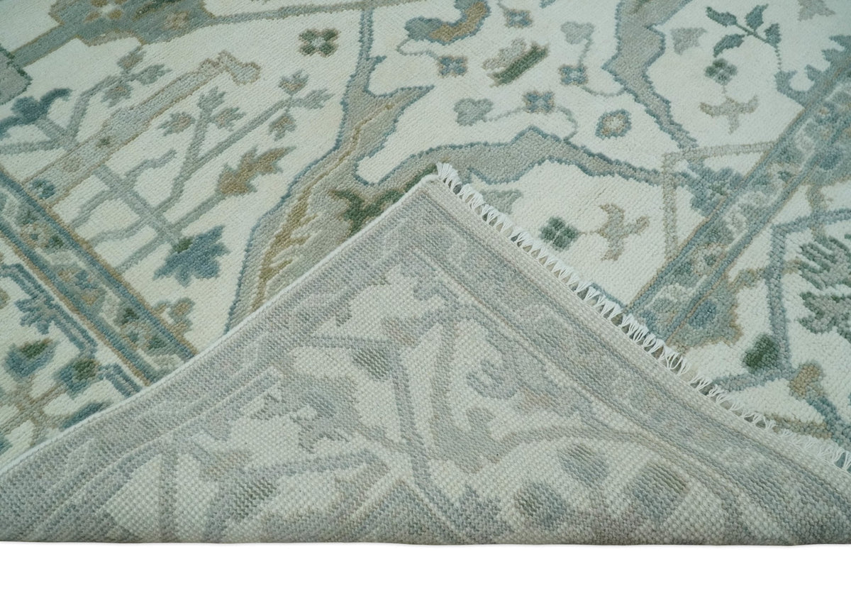 Custom Made Hand Knotted Oriental Oushak Ivory and Teal Wool Area Rug.