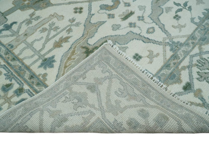 Custom Made Hand Knotted Oriental Oushak Ivory and Teal Wool Area Rug.
