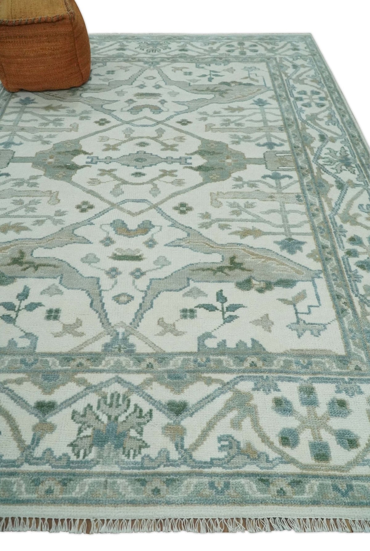 Custom Made Hand Knotted Oriental Oushak Ivory and Teal Wool Area Rug.