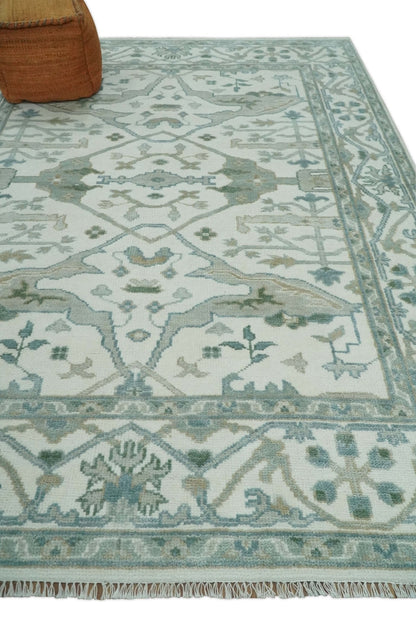 Custom Made Hand Knotted Oriental Oushak Ivory and Teal Wool Area Rug.