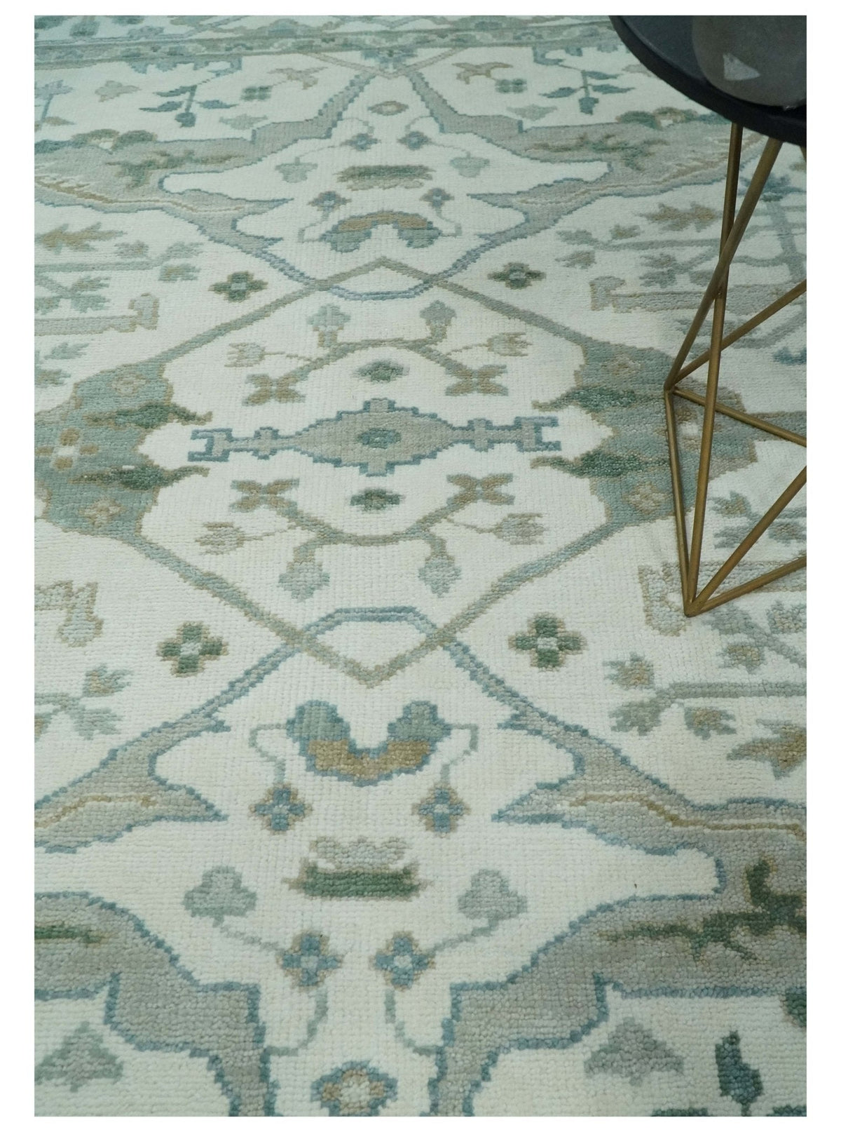 Custom Made Hand Knotted Oriental Oushak Ivory and Teal Wool Area Rug.