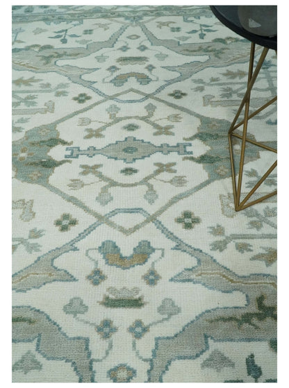Custom Made Hand Knotted Oriental Oushak Ivory and Teal Wool Area Rug.